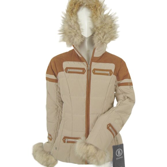 NEW $2295 Bogner Down Puffer Jacket! US 6 Sm Tan Brown Fox Fur Trim & Ultrasuede - Picture 1 of 5